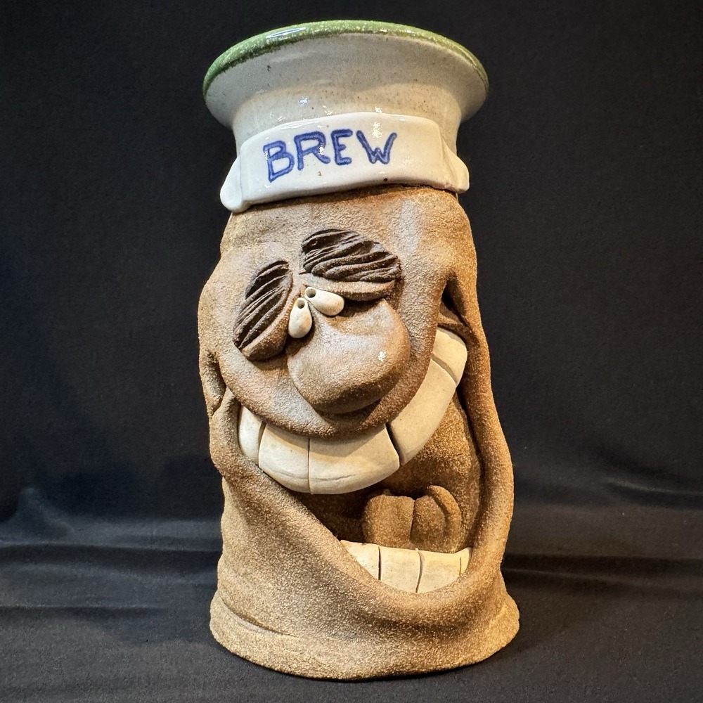 Hand Thrown Folk Art Ugly Face "Brew" Collectible Mug Jug Stein Artist Signed